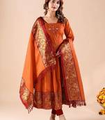 Women ethnic motifs thread work jacquard anarkali kurta