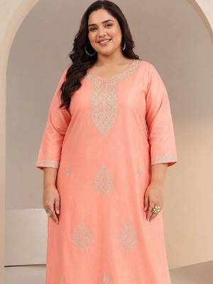 Plus size peach floral embroidered silk blend straight kurta 1