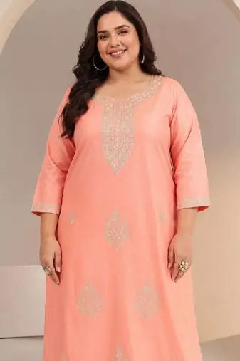 Plus size peach floral embroidered silk blend straight kurta