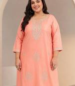 Plus size peach floral embroidered silk blend straight kurta