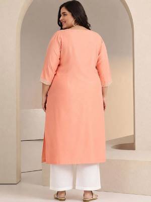 Plus size peach floral embroidered silk blend straight kurta 2