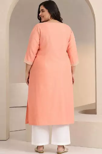 Plus size peach floral embroidered silk blend straight kurta
