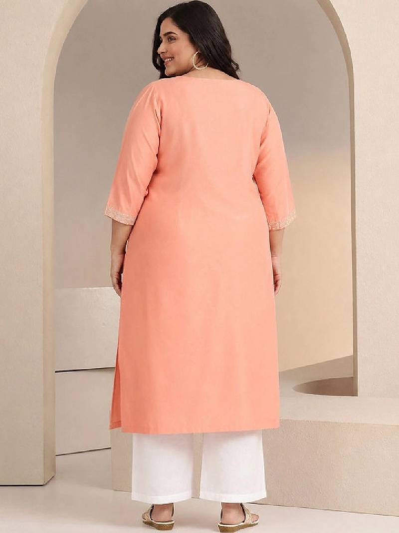 Plus size peach floral embroidered silk blend straight kurta