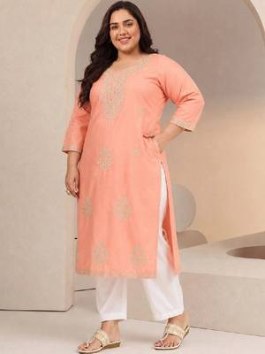 Plus size peach floral embroidered silk blend straight kurta 3