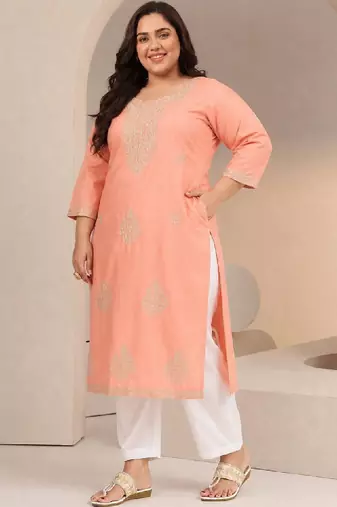 Plus size peach floral embroidered silk blend straight kurta