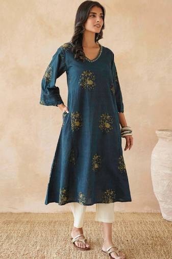 Printed pure cotton a-line kurta