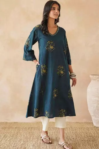 Printed pure cotton a-line kurta