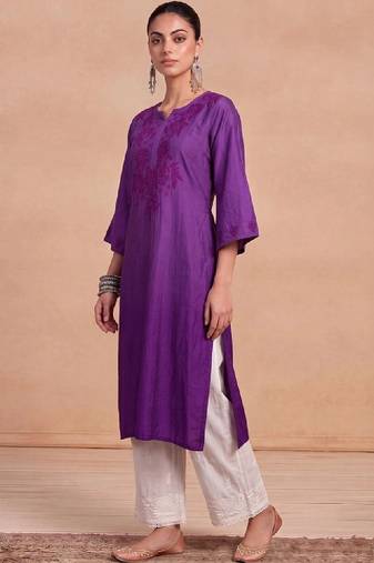 Women ethnic motifs embroidered thread work chanderi silk kurta