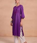 Women ethnic motifs embroidered thread work chanderi silk kurta