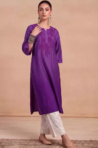 Women ethnic motifs embroidered thread work chanderi silk kurta