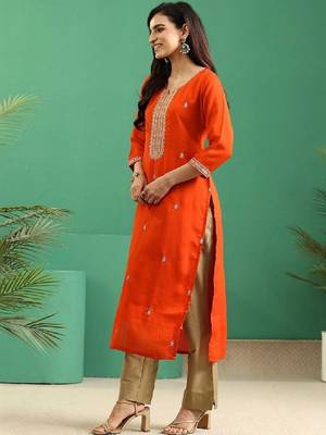 Orange yoke embroidered silk blend straight kurta 1