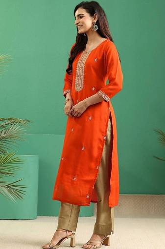 Orange yoke embroidered silk blend straight kurta