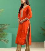 Orange yoke embroidered silk blend straight kurta
