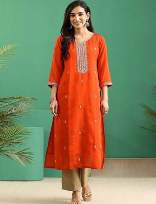 Orange yoke embroidered silk blend straight kurta 2