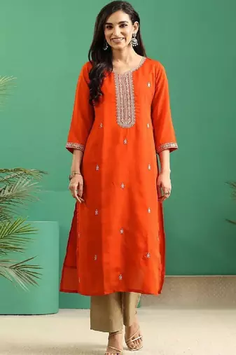 Orange yoke embroidered silk blend straight kurta