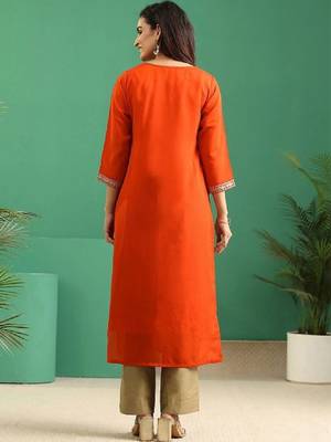 Orange yoke embroidered silk blend straight kurta 3