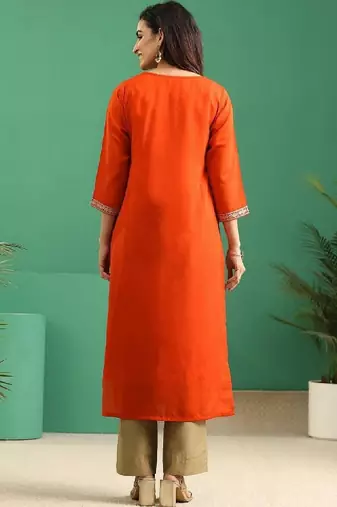 Orange yoke embroidered silk blend straight kurta