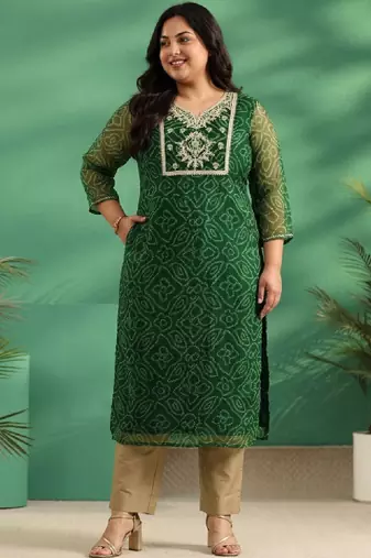 Women bandhani printed thread work kurta