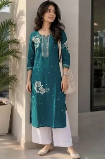 Women ethnic motifs embroidered thread work kurta