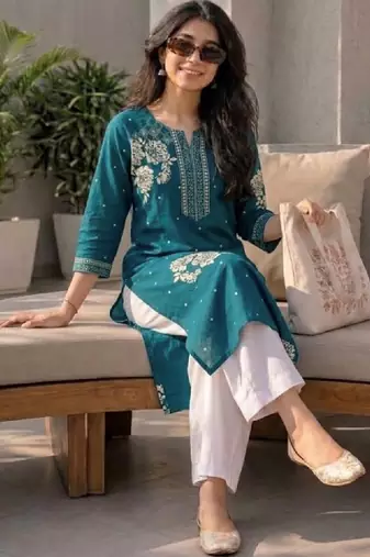 Women ethnic motifs embroidered thread work kurta