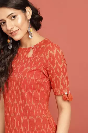 Women orange woven design ikat straight kurta with tassel detai