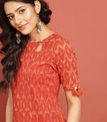 Women orange woven design ikat straight kurta with tassel detai