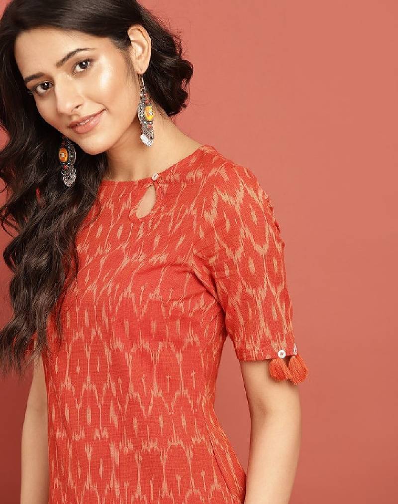 Women orange woven design ikat straight kurta with tassel detai