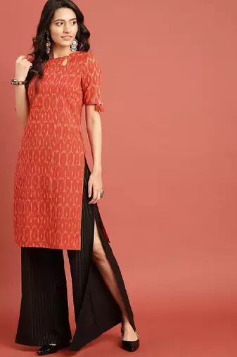 Women orange woven design ikat straight kurta with tassel detai