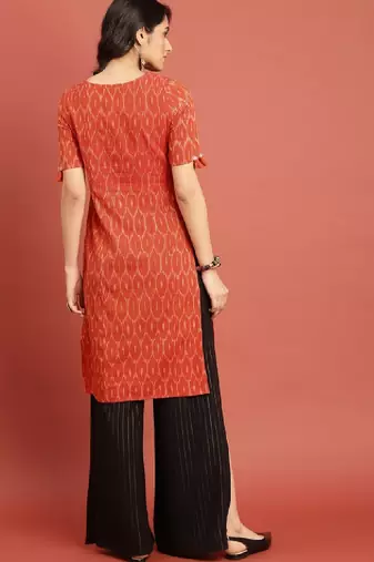 Women orange woven design ikat straight kurta with tassel detai