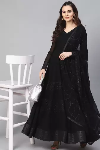 Women black solid anarkali kurta with dupatta