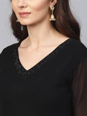Women black solid anarkali kurta with dupatta 2