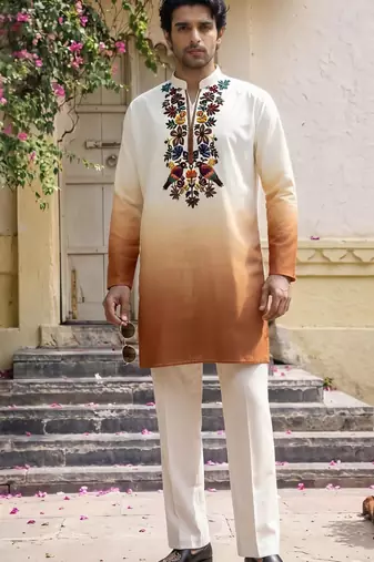 Multicolor printed cotton blend thigh length men kurta