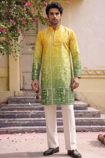 Multicolor printed cotton blend thigh length men kurta