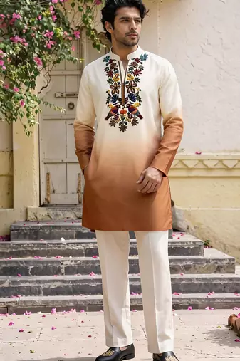 Multicolor printed cotton blend thigh length men kurta
