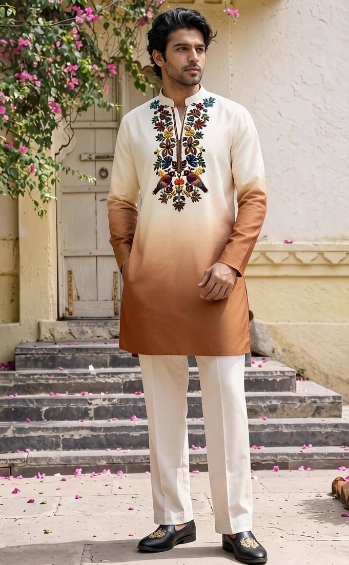 Multicolor printed cotton blend thigh length men kurta