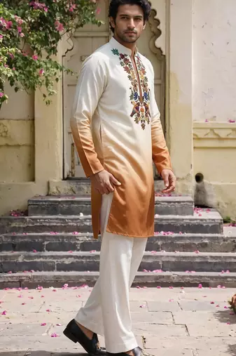 Multicolor printed cotton blend thigh length men kurta