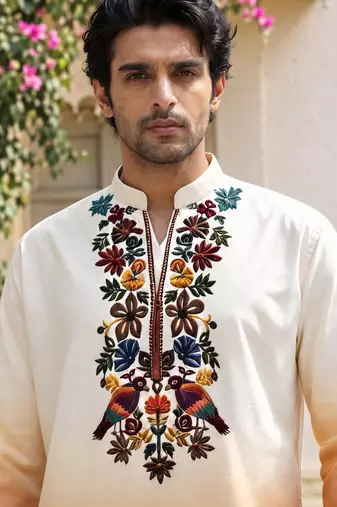 Multicolor printed cotton blend thigh length men kurta