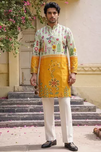 Multicolor printed cotton blend thigh length men kurta