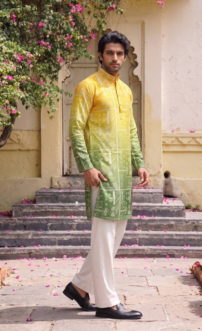 Multicolor printed cotton blend thigh length men kurta
