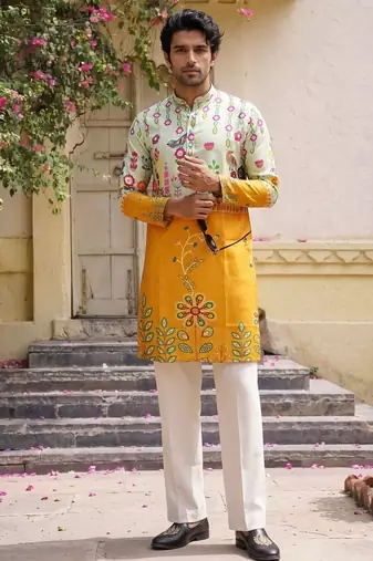 Multicolor printed cotton blend thigh length men kurta