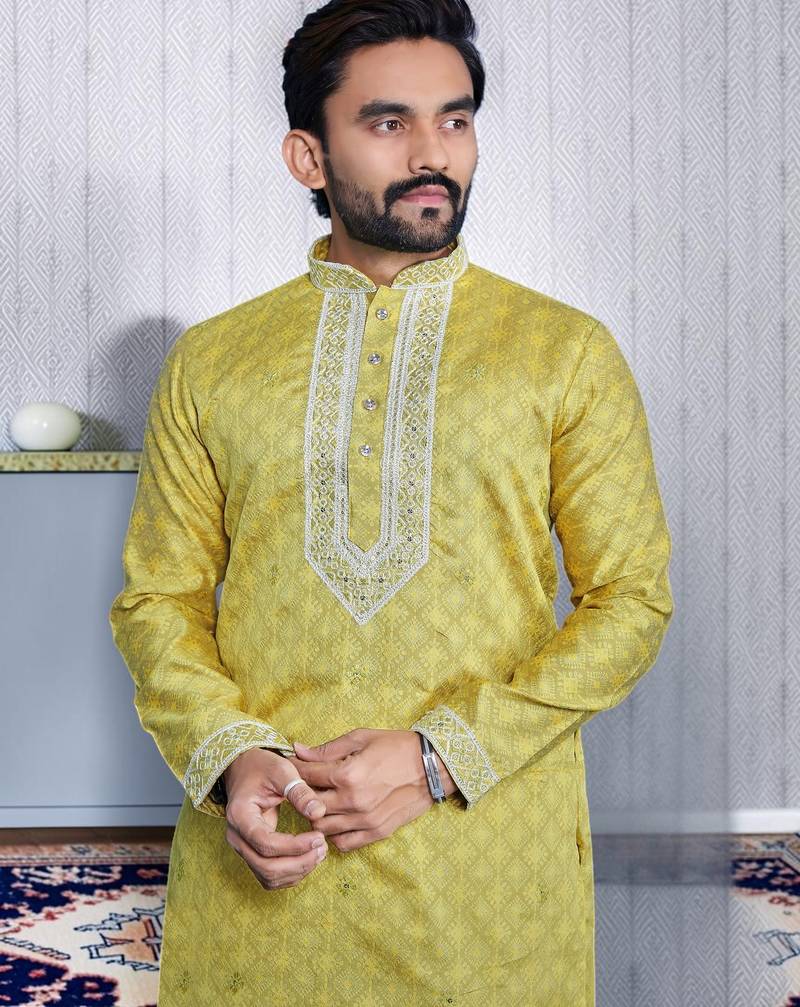 Yellow embroidered silk straight men kurta