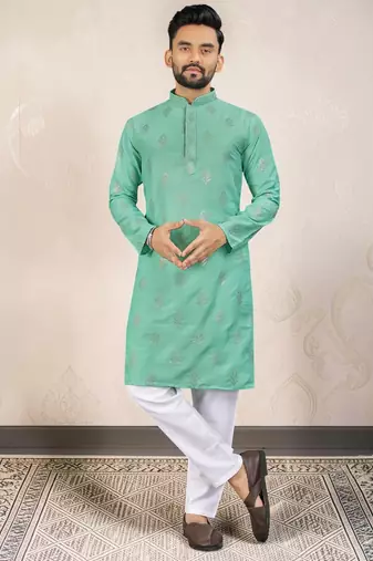 Sea green silk embroidered straight men kurta