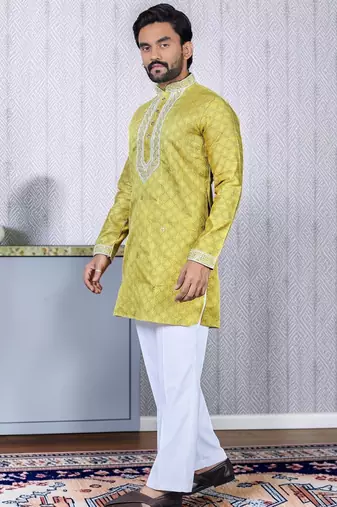 Yellow embroidered silk straight men kurta