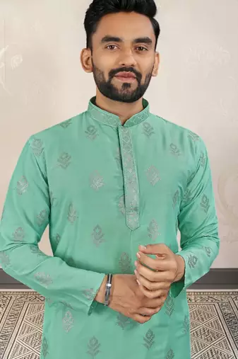 Sea green silk embroidered straight men kurta