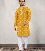 Yellow cotton silk embroidered straight men kurta