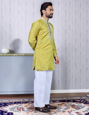 Yellow embroidered silk straight men kurta 4