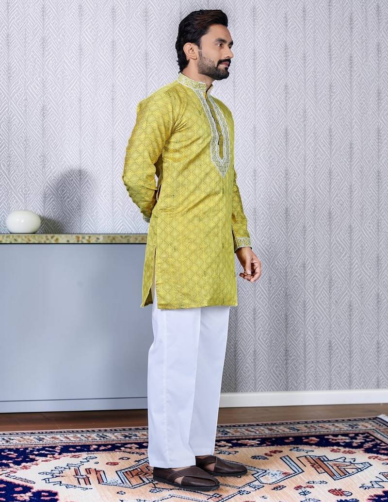 Yellow embroidered silk straight men kurta