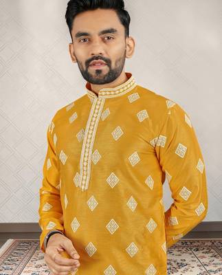 Yellow cotton silk embroidered straight men kurta 2