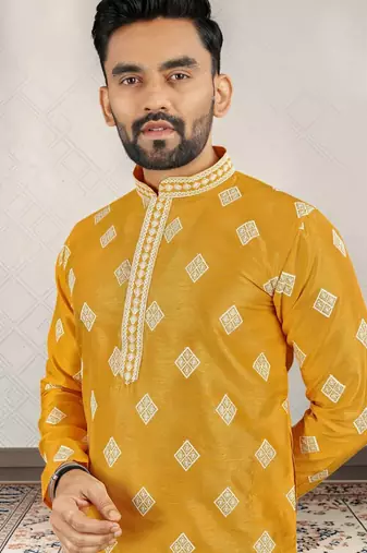 Yellow cotton silk embroidered straight men kurta