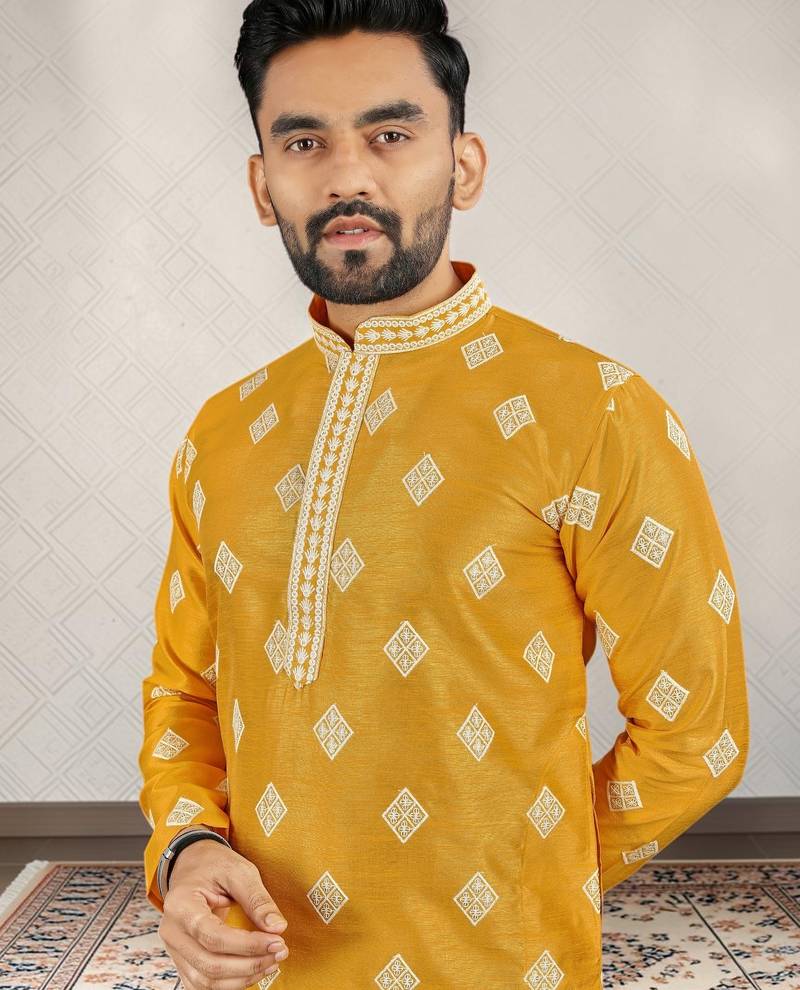 Yellow cotton silk embroidered straight men kurta